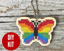 Load image into Gallery viewer, Rainbow butterfly laser cut wood cross stitch kit