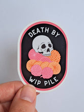 Load image into Gallery viewer, Death by WIP Pile Sticker – Spooky Yarn themed Design