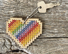 Load image into Gallery viewer, Rainbow heart DIY laser cut wood cross stitch kit by Canadian Stitchery