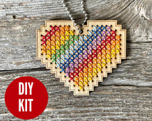 Load image into Gallery viewer, Rainbow heart DIY laser cut wood cross stitch kit by Canadian Stitchery
