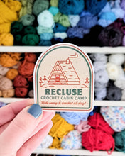 Load image into Gallery viewer, Recluse Crochet Camp Sticker | 70's inspired camp design
