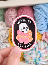 Load image into Gallery viewer, Death by WIP Pile Sticker – Spooky Yarn themed Design
