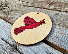 Load image into Gallery viewer, Flying cardinal ornament cross stitch ornament kit
