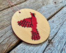 Load image into Gallery viewer, Flying cardinal ornament cross stitch ornament kit
