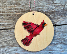 Load image into Gallery viewer, Flying cardinal ornament cross stitch ornament kit
