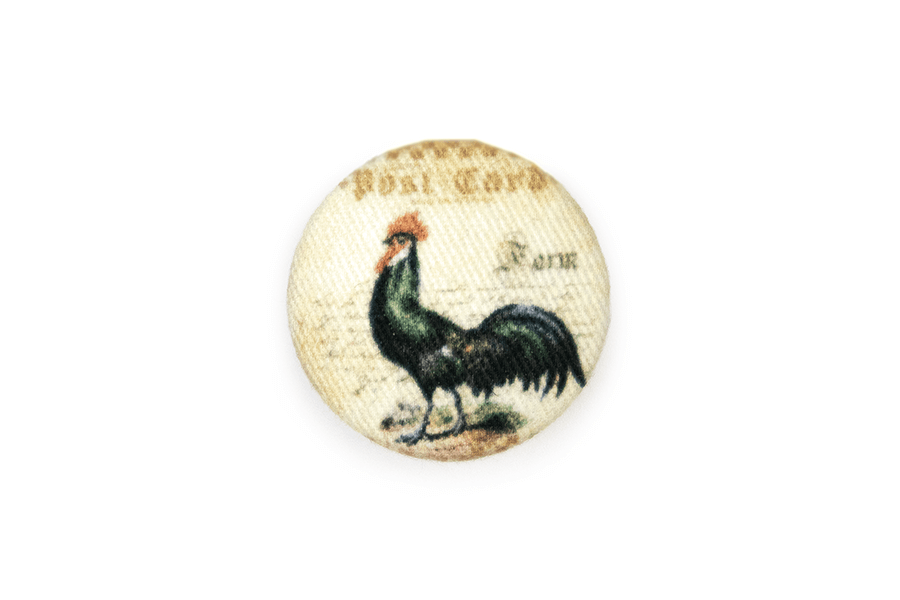 Tea Stained Fabric French Black Rooster Round Shank - 32MM