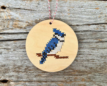 Load image into Gallery viewer, Barnaby blue jay cross stitch ornament kit
