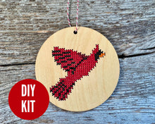 Load image into Gallery viewer, Flying cardinal ornament cross stitch ornament kit
