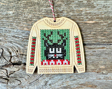 Load image into Gallery viewer, Clarence cat ugly sweater cross stitch kit  by Canadian Stitchery
